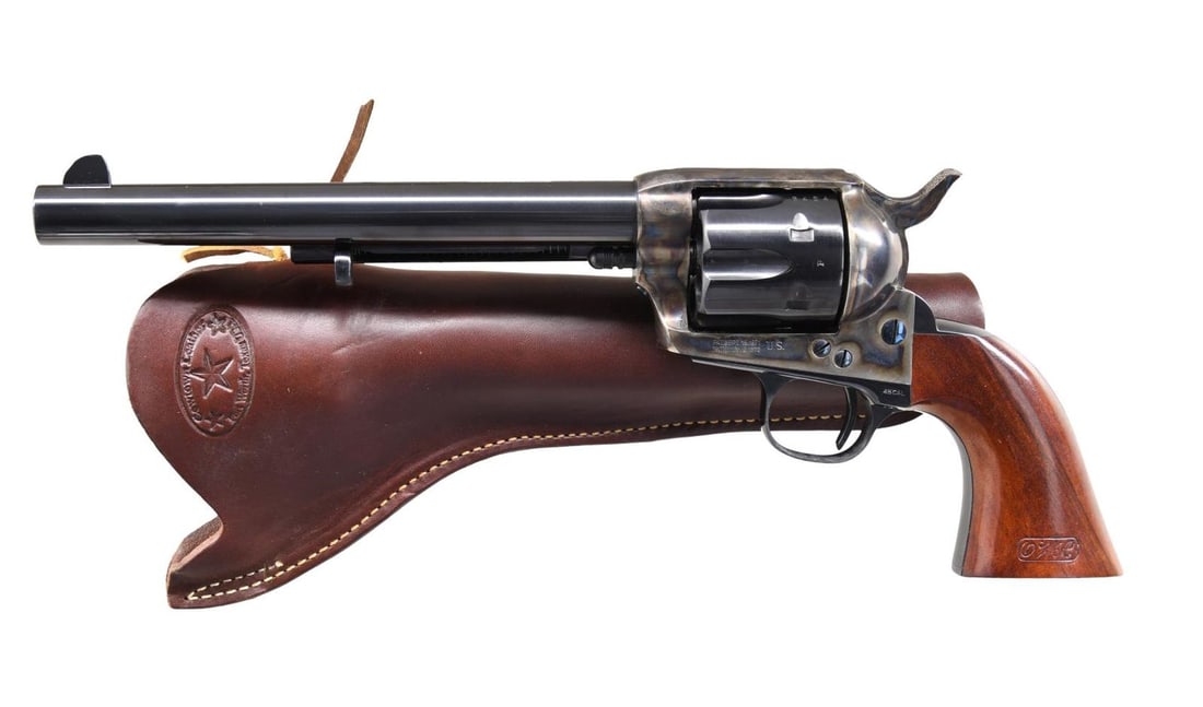 CIMARRON US 7TH CAVALRY CUSTER MODEL SA REVOLVER.: REVOLVER. Cal. 45 LC. S# 146494. (BI = 1997). Authentic reproduction of original Colt military cavalry contract SAA mfg. in Italy. The 7 1/2" barrel has blade front sight. 6 Shot fluted cylinder with 