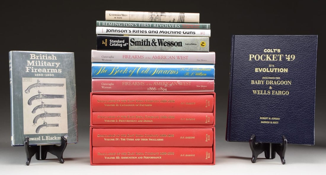 14 PARTICULARLY DESIRABLE FIREARMS BOOKS: 1) The Book of Colt Firearms by Sutherland & R. L. Wilson. 1st Edition 1971. 2) SIGNED Colt's Pocket '49 It's Evolution by Robert M. Jordan & Darrow M. Watt. 3) Johnson's Rifles and Machine Guns by Br
