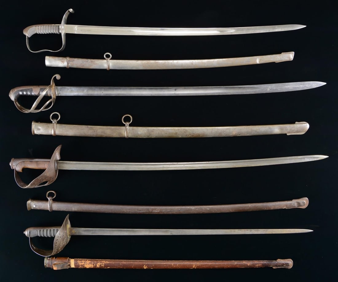 5 ENGLISH & EUROPEAN SWORDS & SABERS.: 1) BRITISH. Overall length: 40 1/2". Blade length: 32 1/4". This sword dates to the reign of Edward VII between 1901 and 1910. The blade has a single wide fuller 11” long. The blade is etched ov