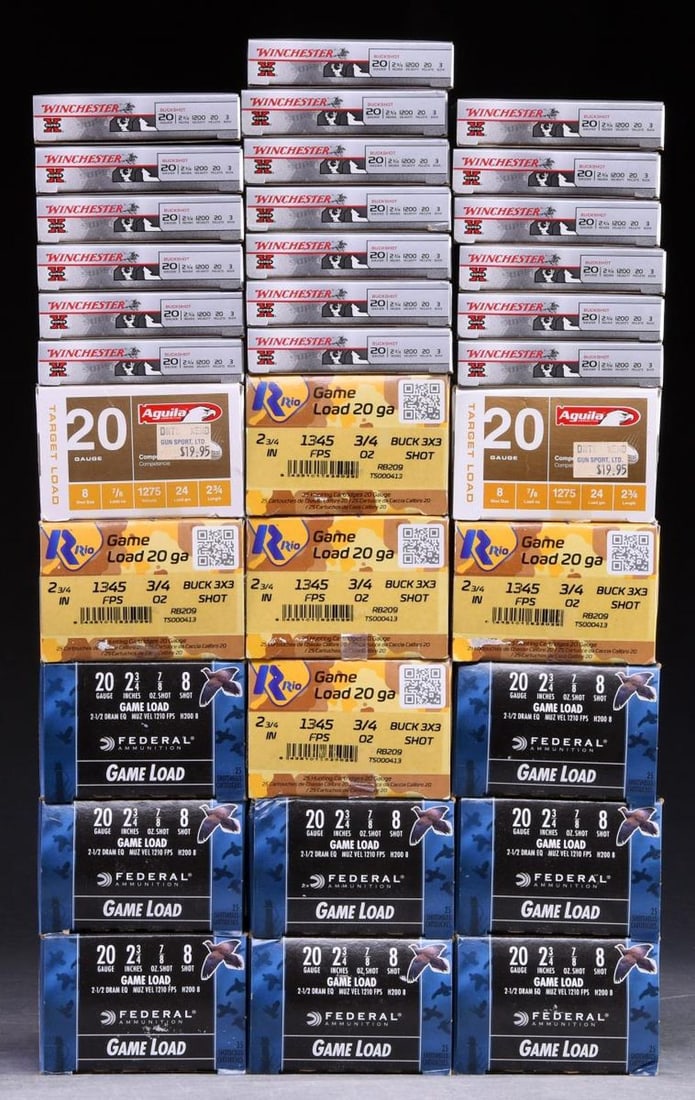 70 BOXES OF 20 GAUGE AMMO.: 20 GA., 2 3/4": 19 BOXES (95 RDS.) Win. 3 Buck. UPC: 020892007154. 2 BOXES (50 RDS.) Aguila Target Loads #8. 8 BOXES (200 RDS.) Federal Game Load #8. 14 BOXES (70 RDS.) Win. Hollow Rifled Slug. 5 BOXE