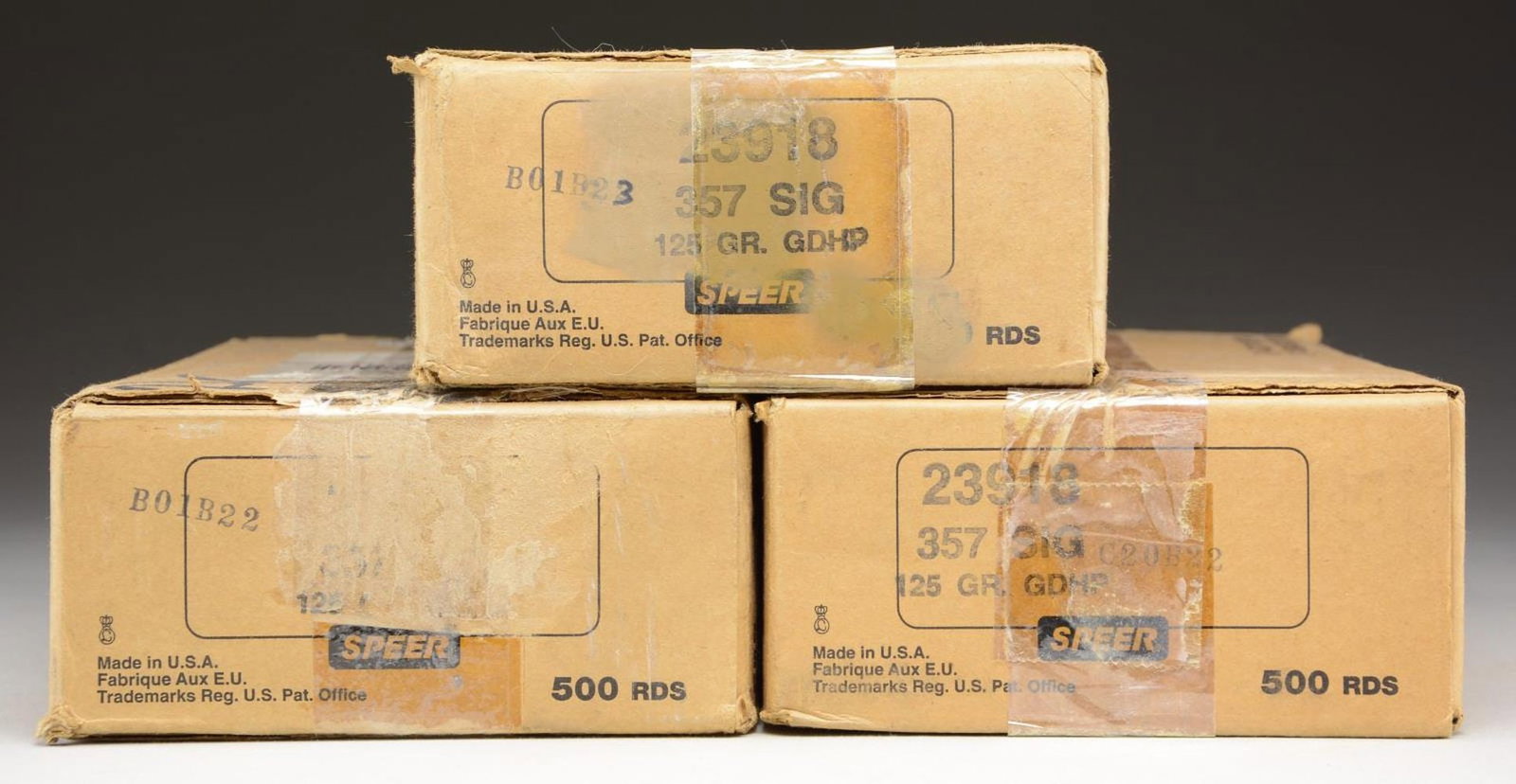 3 CASES (3,000 RDS.) SPEER 357 SIG GOLD DOT 125: GRAIN HOLLOW POINT. UPC: 076683239181. CONDITION: boxes near excellent. Cases show black marker & wear. Ammo appears serviceable. PROVENANCE: the Lifelong Collection of Terrance McCarty. (02-21814-3/M