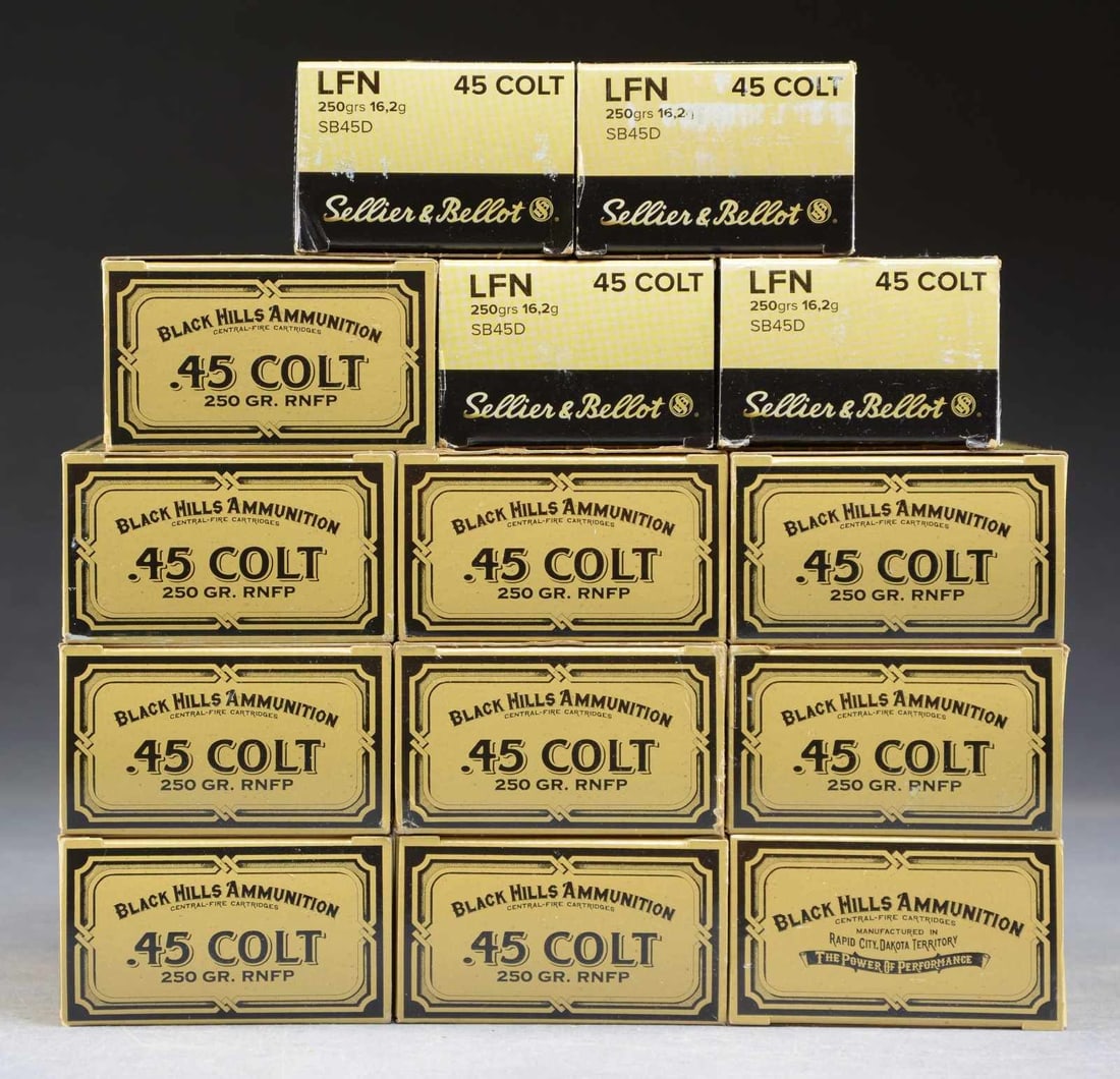 700 RDS. (14 BOXES) OF 45 COLT AMMO: 500 RDS. (10 BOXES) Black Hills 250 gr. RNFP. 200 RDS. (4 BOXES) Sellier & Bellot 250 gr. LFN. CONDITION: boxes are in very good to near-excellent condition; ammo appears to be serviceable. PROVENANCE