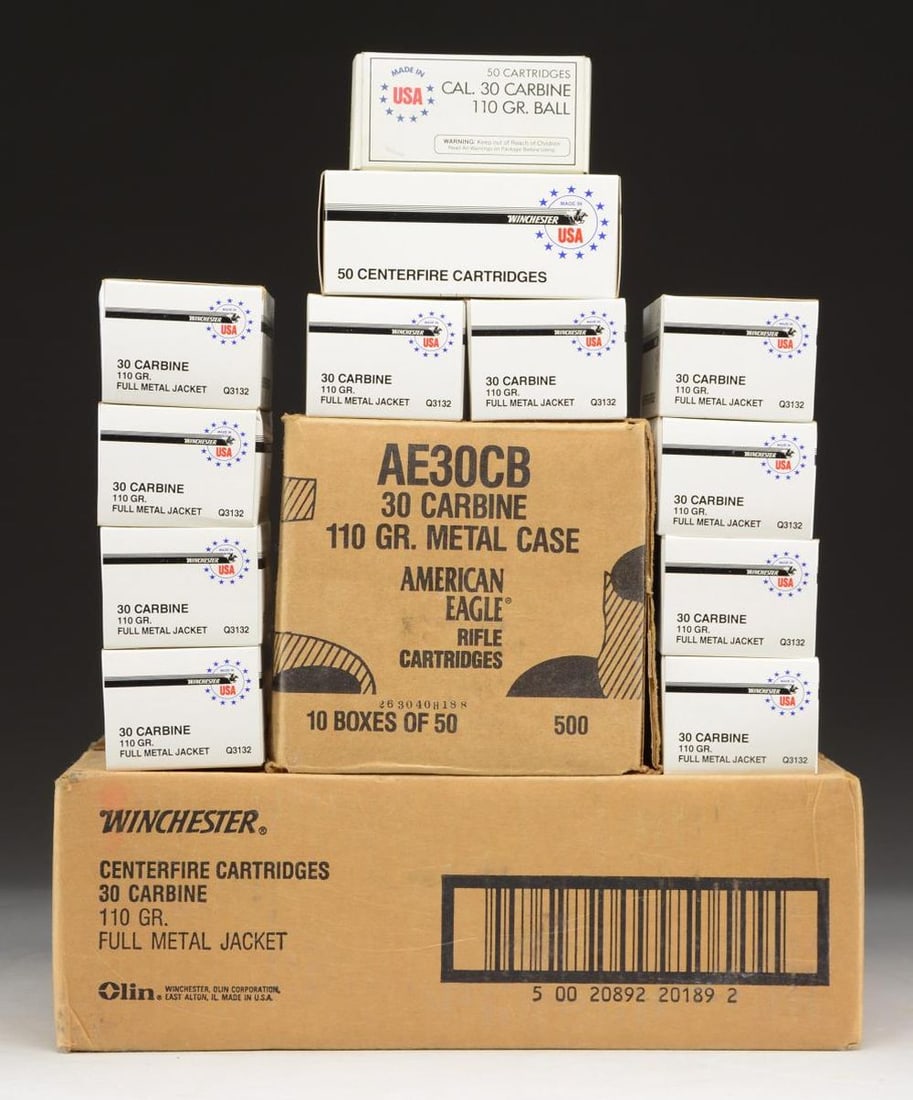 2 CASES & 12 BOXES (2,100 RDS.) 30 CARBINE AMMO.: LOT CONTAINS HOLLOW POINT AMMUNITION. 1 SEALED CASE (500 rds.) Federal American Eagle 110 gr. metal case. 1 SEALED CASE & 11 BOXES (1550 rds.) Win. 110 gr. full metal jacket. 1 BOX (50 RDS). Olin 110 