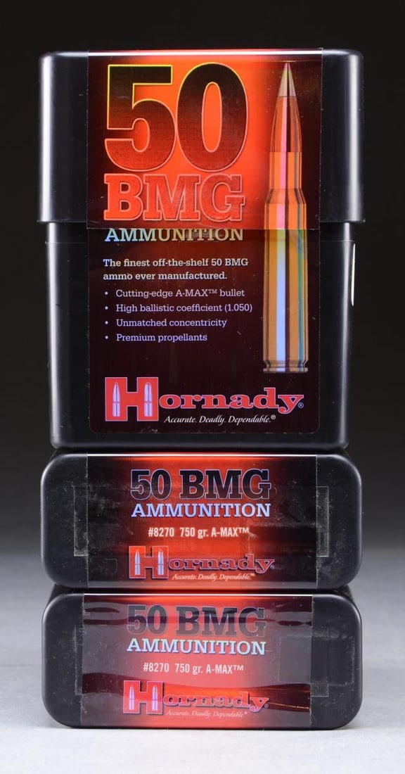 30 RDS (3 BOXES) HORNADY 50BMG #8270 750 GR. A-MAX: CONDITION: 1 box opened with serviceable ammo; other 2 sealed. PROVENANCE: the Collection of Gun Sport Ltd owned by Jon R. Thomas. (02-20604/MD). $100-200.