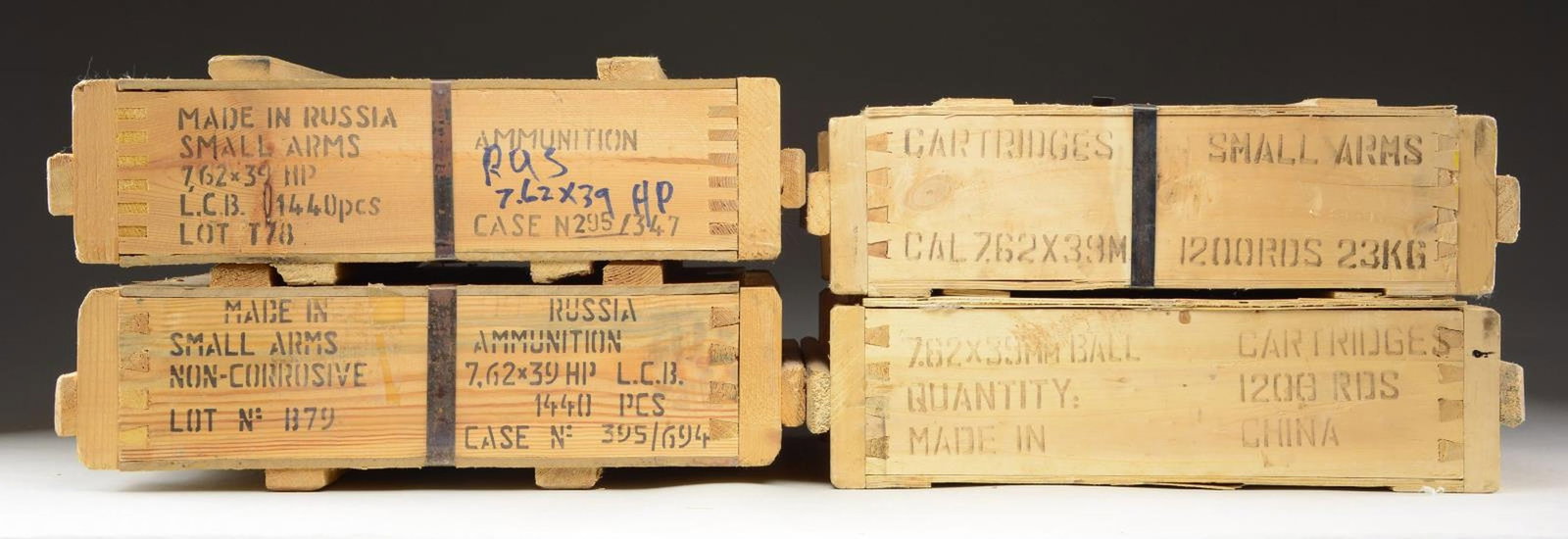 4 SEALED CRATES (5,280 RDS.) 7.62x39 AMMO.: 2 CRATES (2,400 RDS) Norinco Ball. 2 CRATES (2,880 rds.) Russian. CONDITION: sealed as is. PROVENANCE: the Lifelong Collection of Terrance McCarty. (02-21814-12/MD). $1,000-2,000.