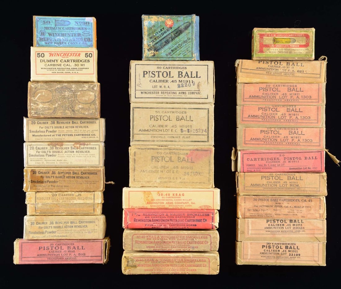 GROUPING OF VINTAGE AND ANTIQUE RIFLE AND PISTOL: AMMUNITION.PISTOL AMMUNITION - 45 ACP (M1911) - Winchester 1 Sealed box of 20, 230 gr. ball. / 1 Sealed box of 20, 230 gr. ball. / Remington 1 Box of 20, 230 gr. ball. / U.S. Cartridge Co. 1 Box of 20