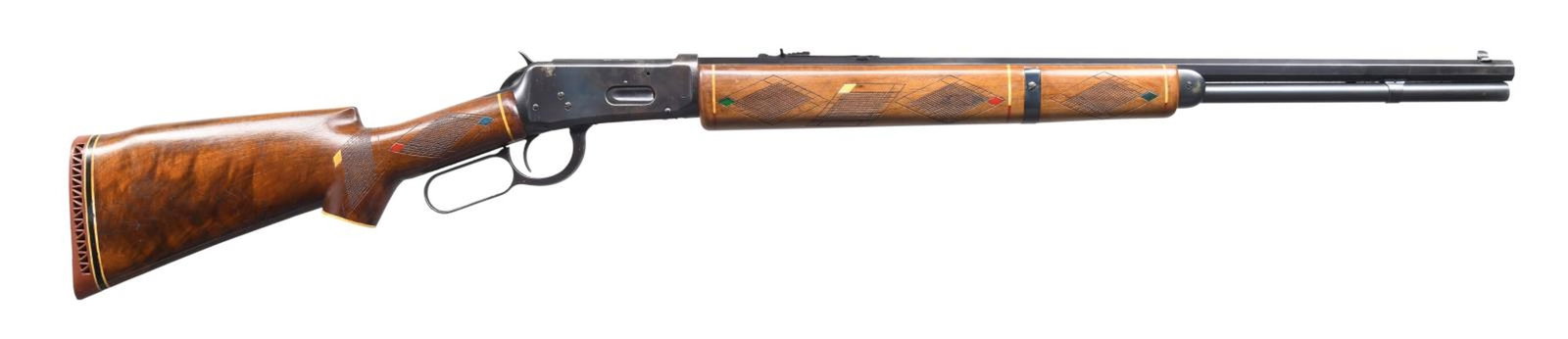 WINCHESTER 1894 CUSTOM STOCKED LEVER ACTION RIFLE.: Cal. 30 WCF. S# 813177. Bbl. 26", octagon with original sporting sights. Full-length mag. The custom forearm measures 14 1/2" in length and is of a much larger diameter than standard. The custom walnu