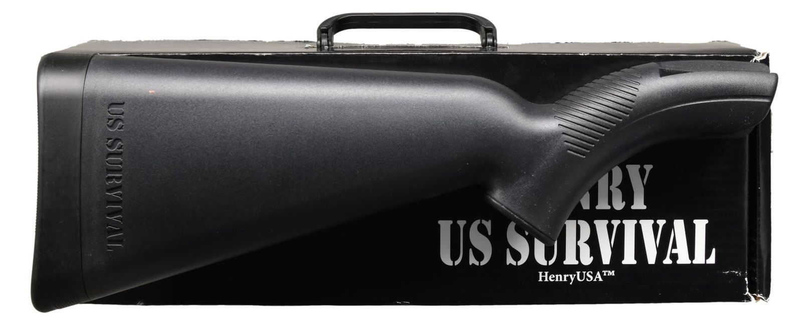 HENRY REPEATING ARMS MODEL H002B SEMI-AUTOMATIC US: SURVIVAL RIFLE WITH MATCHING FACTORY BOX. Cal. 22 LR. S# US260709B. Bbl. 16". Model H002B US Survival rifle mfg. by Henry Repeating Arms. The left side of the receiver is marked with Henry's mfg. info