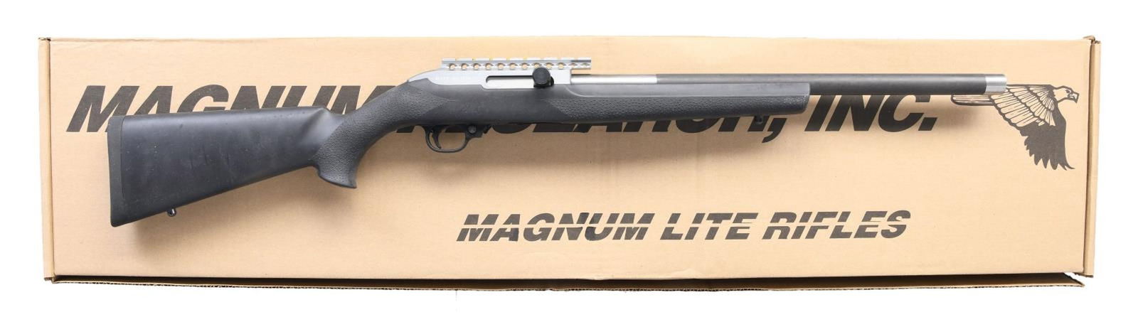 MAGNUM RESEARCH MODEL MLR-1722M SEMI-AUTOMATIC: RIFLE WITH MATCHING FACTORY BOX & SHIPPING BOX. Cal. 22 WMR. S# 087833. Bbl. 19 1/8". Model MLR-1722M semi-automatic rifle mfg. by Magnum Research. The left side of the receiver is marked with the S#