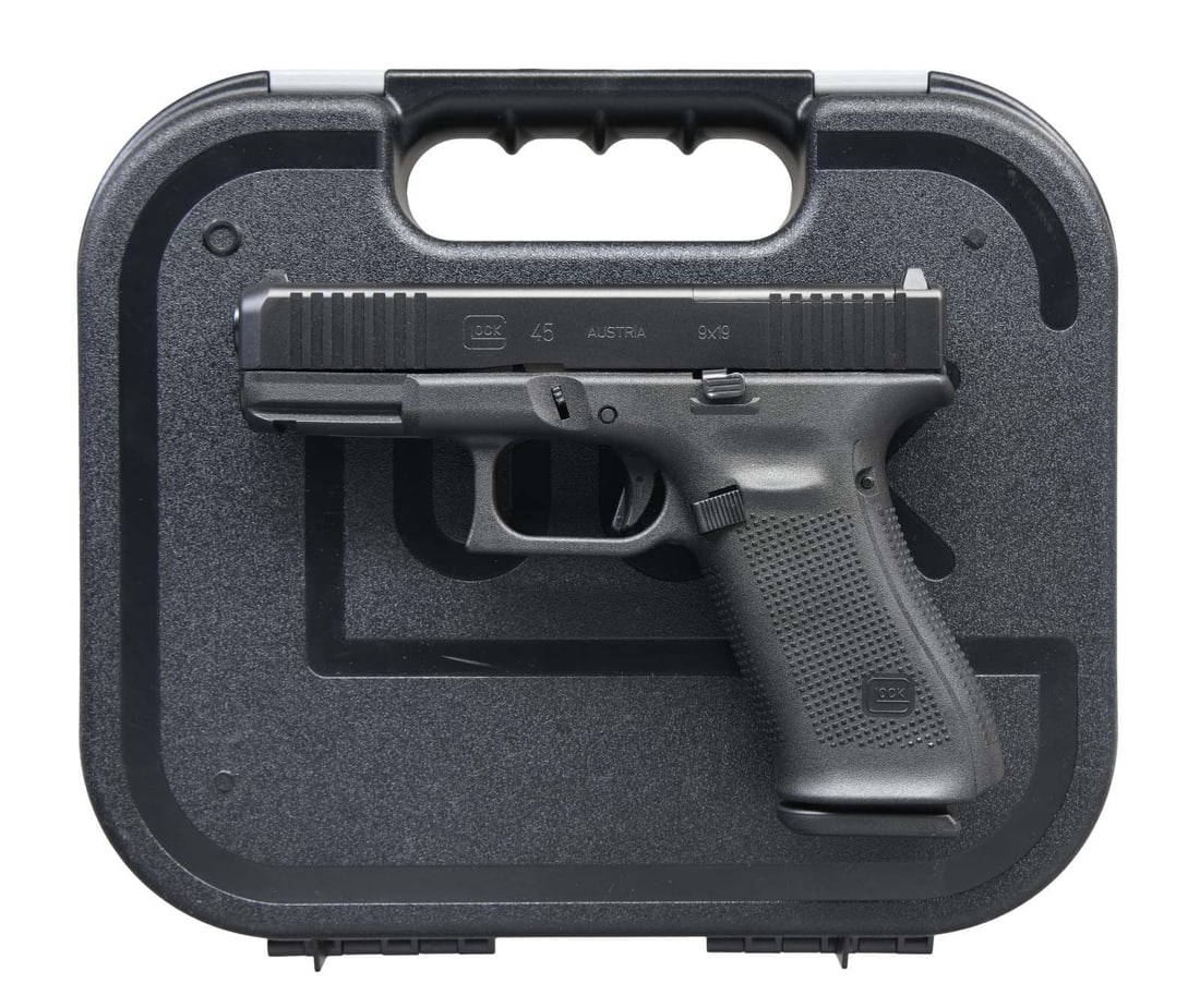 GLOCK 45 MOS SEMI AUTO PISTOL.: Cal. 9x19. S# BVMZ592. Bbl. 4". Standard white outline Glock sights. Austrian made Glock 45 MOS w/ RMR cut slide for red dot mounting. Matte black finish. Polymer frame. MAGS: 3-10 rd. UNATTACHED ACCE