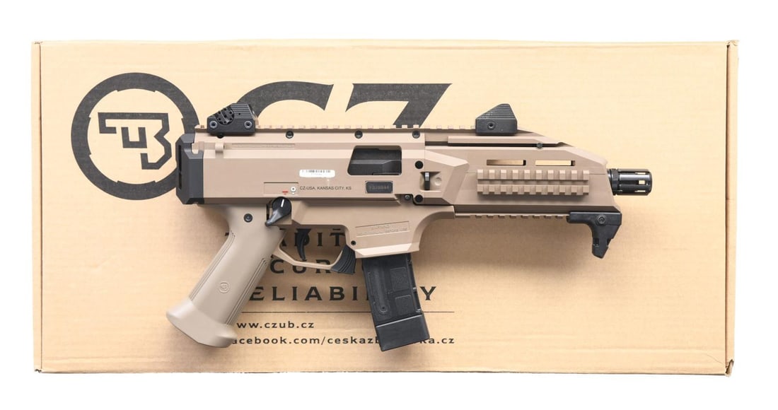 CZ SCORPION EVO 3 SEMI AUTO PISTOL.: Cal. 9mm Luger. S# F378844. Bbl. 8". Post front sight. Aperture rear sight. FDE finish. Forend has three picatinny rails, and receiver top has one long picatinny rail. Hand stop present on front of bo