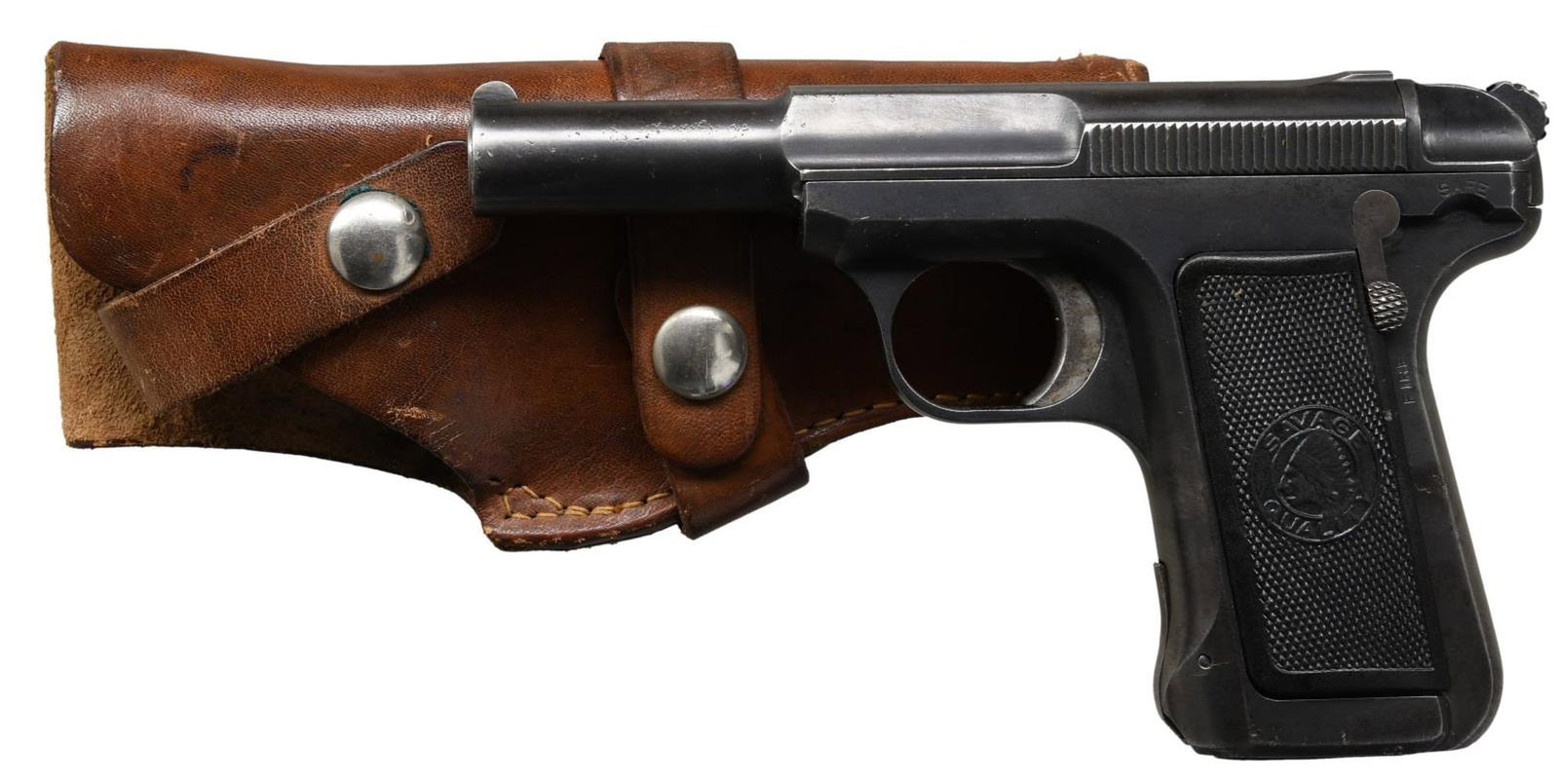 SAVAGE MODEL 1907 SEMI-AUTOMATIC PISTOL WITH: HOLSTER. Cal. 7.65mm. S# 191157. Bbl. 3 3/4". Model 1907 semi-automatic pistol mfg. by Savage Arms Corp. The top of the slide is marked with Savage's mfg. and patent information, followed by the cal. 
