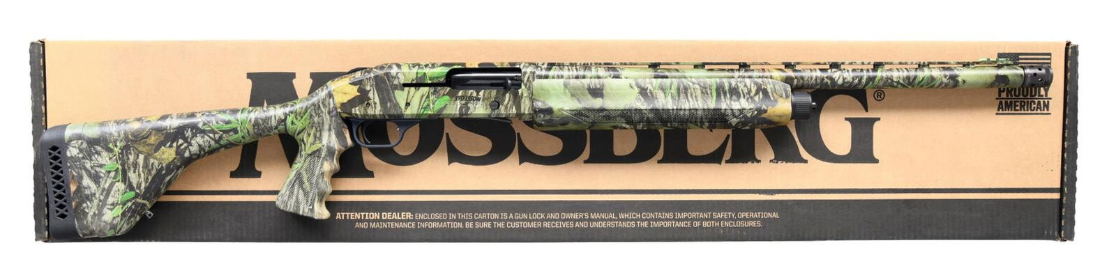 MOSSBERG MODEL 935 MAGNUM TURKEY SEMI-AUTOMATIC: SHOTGUN WITH MATCHING FACTORY BOX. Cal. 12 GA, 2 3/4", 3", or 3 1/2". S# AM0006089. Bbl. 22". Model 935 Magnum Turkey (SKU: 82540) semi-automatic shotgun mfg. by Mossberg. The left side of the bbl. is