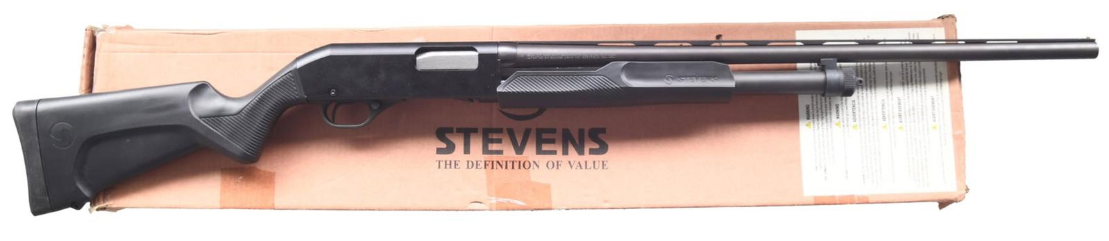 SUN CITY MACHINERY CO. / STEVENS MODEL 320 PUMP: ACTION SHOTGUN WITH MATCHING BOX. Cal. 20 GA, 2 3/4" or 3". S# 218502M. Bbl. 26 1/2". Model 320 pump action shotgun mfg. in the People's Republic of China by Sun City Machinery Co., imported by Savage