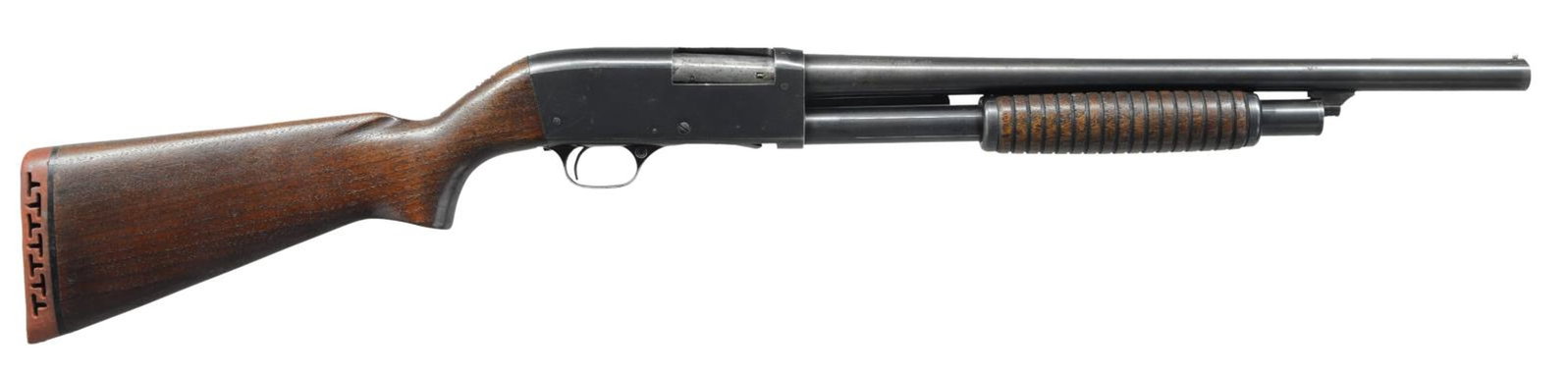 STEVENS MODEL 820B PUMP ACTION SHOTGUN.: Cal. 12 GA, 2-3/4". S# NSN. Bbl 19-3/8". Blued finish with a solid wood buttstock and grooved wood pump. Barrel has been shortened to 19-3/8" and features an aluminum bead front sight. CONDITION: fair