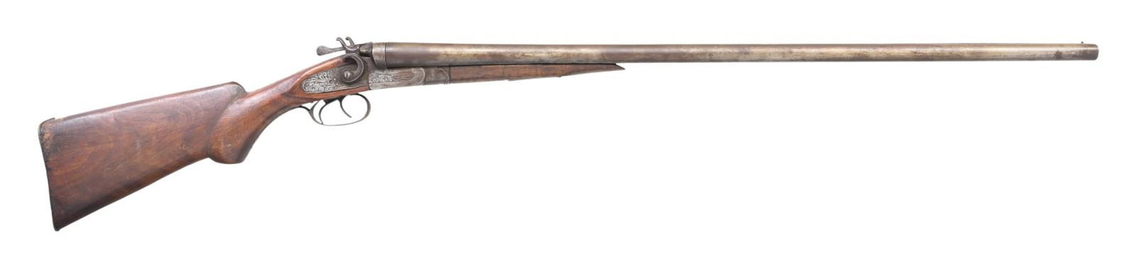 BELGIAN W.H. HAMILTON SXS HAMMER SHOTGUN.: Cal. 12 Ga. S# 1219. Bbls. 32" with a solid rib. Bead sight. The left rear of the lock is marked "W.H. HAMILTON." Watertable and underside of bbls. are marked with Belgian proofs. The undersides of th