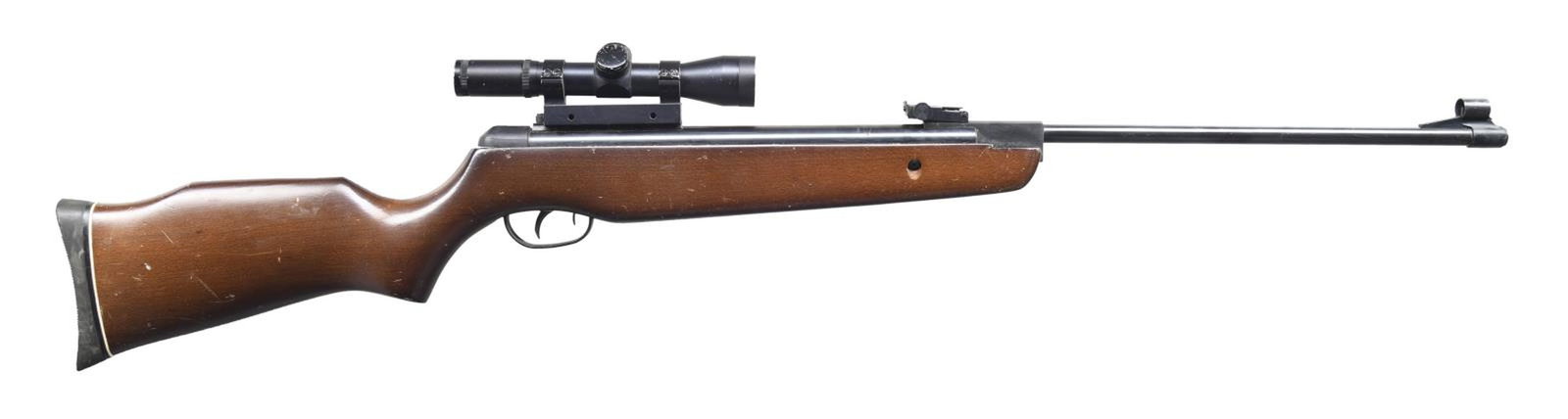 GAMO HUNTER 440-CR PELLET AIR RIFLE.: CAL. .177 PELLET. S# 1869273. The 18" barrel has a blade front and adj. rear sight. RWS MODEL 350 4x32 scope with duplex reticle on dovetail mount. Hardwood stock with cheekpiece and black recoil pad.