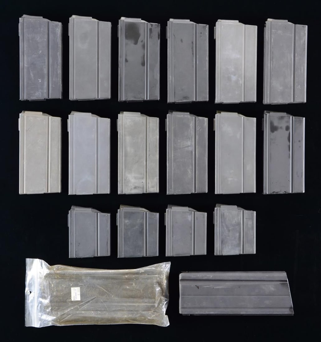 18 MAGAZINES; M-14, FAL AND AR-10.: All are near excellent or new. M14 / M1A: 11 of 20 rds.; 6 are parkerized and 5 are matte black, with 1 having ProMag floorplate and another having the same appearance, including spot weld pattern on