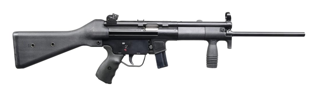 SPECIAL WEAPONS SW5 CARBINE.: Cal. 9mm. S# 5-00-12-0082. Bbl. 16". A Special Weapons clone of the smallest member of the roller-locked, delayed blowback family that includes the G3, 91, 93, & 33. It is the semiautomatic version of
