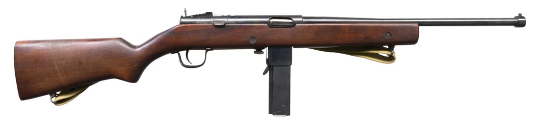 RARE H&R MODEL 60 SEMI-AUTO MILITARY STYLE CARBINE: Cal. 45ACP. S# 656. Bbl. 18 1/4". This takedown carbine which fires from a closed bolt was based on the design of the Reising sub machine gun but semi-auto only w/ a longer bbl. to allow for commercia