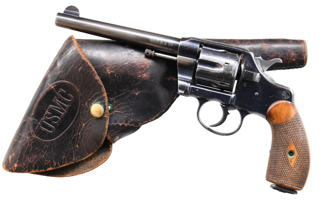 EXTREMELY SCARCE COLT MODEL 1905 MARINE CORPS.: DOUBLE ACTION REVOLVER WITH USMC HOLSTER. Cal 38 Colt. S# 563. Bbl. 6". 1 of only 926 Model 1905 double action revolvers mfg. by Colt and purchased by the Marine Corps. between 1905-1909. This example