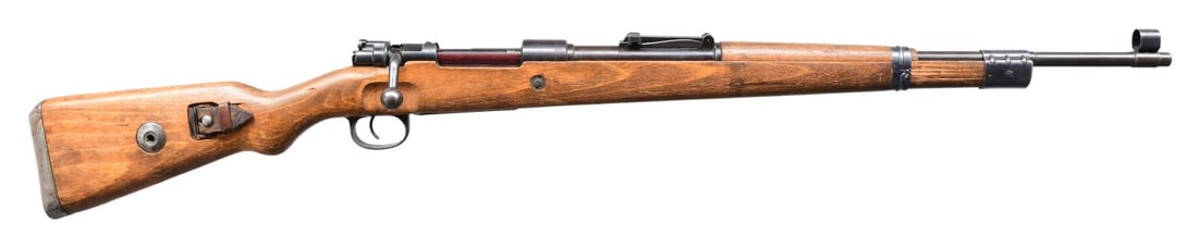 WWII GERMAN K98K KRIEGSMODELL (DOU44) BOLT ACTION: RIFLE. Cal. 8x57 (8mm Mauser). S# 1518dd. Bbl. 23 1/2". Blade front sight with protective hood. Tangent rear sight graduated to 2000m. A very fine example of a late-war German K98K rifle. Bolt handle,