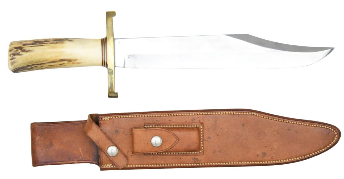VINTAGE RANDALL CUSTOM "MODEL 12" CONFEDERATE: BOWIE KNIFE. 16" overall, 11" clip point blade, 1.75" wide, .25" thick, 5" sharpened clip, maker mark "RANDALL MADE / ORLANDO FLA" with 2 simitars. Stag handle with thin stacked red, white, and black