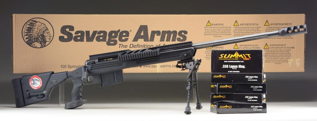 SAVAGE MODEL 110BA / BAS TACTICAL BOLT ACTION: RIFLE. Cal. 338 Lapua. S# H909993. Bbl. 26" fluted carbon steel bbl. w/ muzzle brake. Action features enlarged bolt knob, Picatinny rail, top tang sliding safety & AccuTrigger. AccuStock aluminum chas