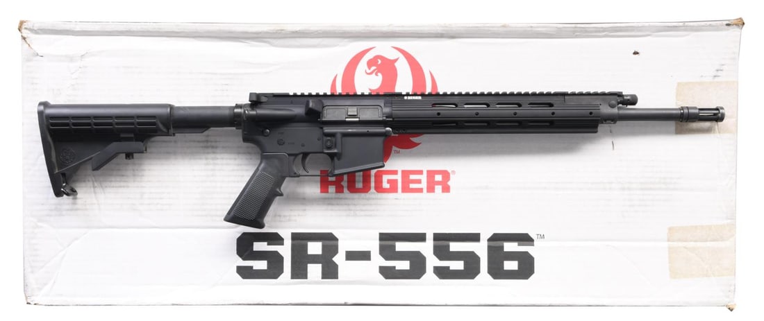 RUGER SR556E SEMI-AUTOMATIC RIFLE WITH MATCHING: FACTORY BOX. Cal. 5.56x45mm NATO. S# 590-43887. Bbl. 16". SR556E semi-automatic rifle mfg. by Ruger in 2013. Left side of the receiver is marked with Ruger's logo above Ruger's mfg. information and th