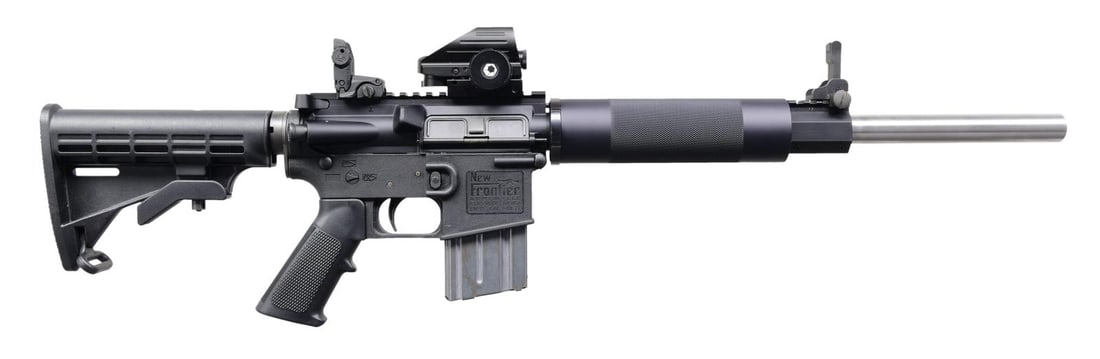 CUSTOM NEW FRONTIER ARMORY LW-15 SEMI-AUTOMATIC: RIFLE WITH ACCESSORIES. Cal. 5.56x45mm NATO. S# NLV36296. Bbl. 16". Custom AR pattern rifle assembled on a polymer LW-15 receiver mfg. by New Frontier Armory. Left side of receiver is marked with the