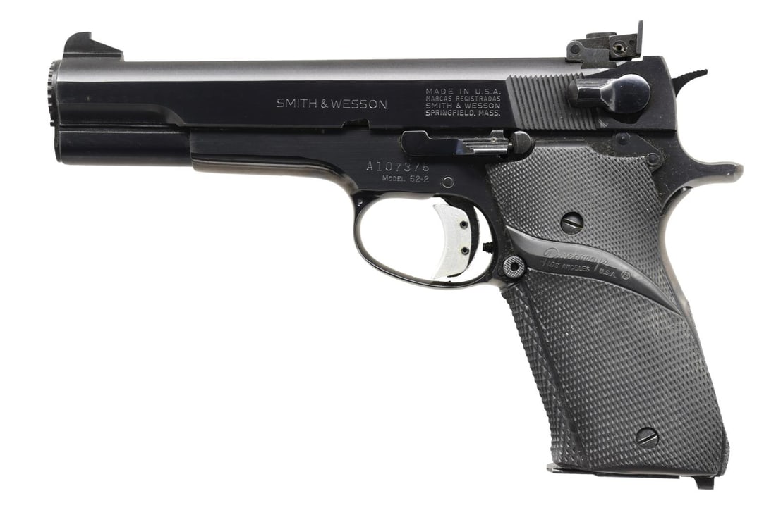 AL DINAN ACCURIZED SMITH & WESSON 52-2 SEMI AUTO: PISTOL. Cal. 38 Spl. Midrange Wadcutter. S# A107376. This pistol was accurized by famous gunsmith, Al Dinan of CT, for the US Shooting Team & used by Master Sergeant Vincent Pestilli. Al Dinan was kno