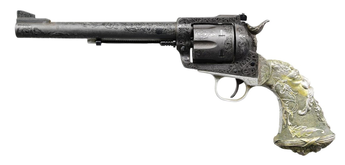 RUGER BICENTENNIAL NEW MODEL BLACKHAWK REVOLVER: HIGHLY ENGRAVED AND EMBELLISHED BY R. D. WALLACE. Cal. 45 Colt. S# 46-19905. Bbl. 7 1/2" with ramped serrated blade sight; frame mounted adjustable rear. Mfg. 1976 (1973 to date) with 1 year only "MAD