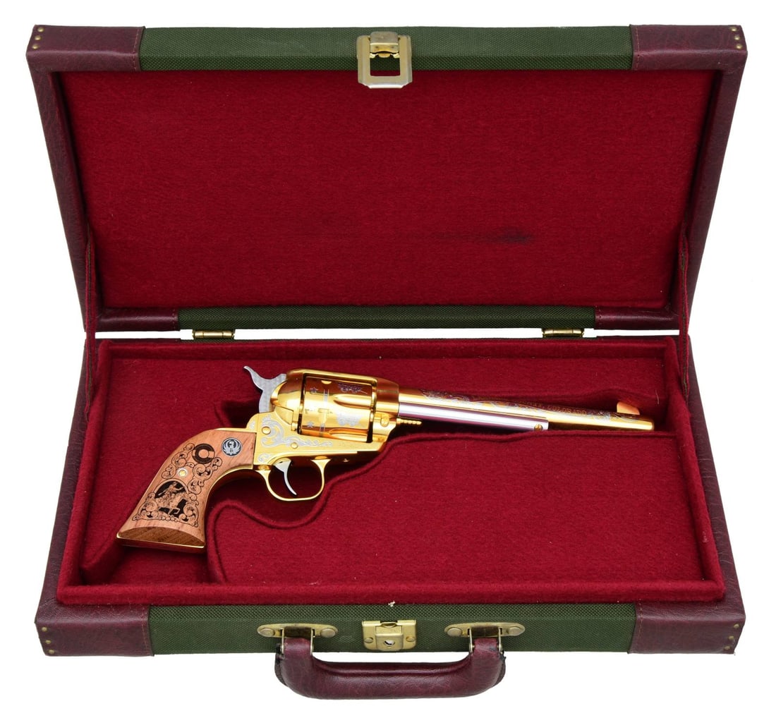 RUGER OM VAQUERO LARAMIE COUNTY COLORADO: REVOLVER. Cal. 44-40 Win. S# 55-83388. Bbl. 7 1/2" with blade sight and "LARIMER COUNTY COLORADO" on right side; frame notched rear sight. Mfg. 1995 (1993-2005 for all OM Vaqueros) as Model 00542 with