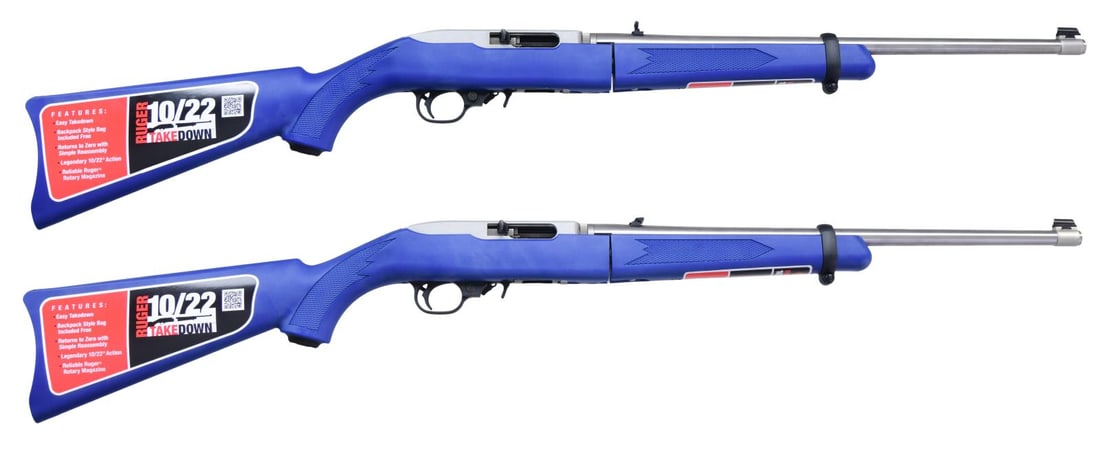 CONSECUTIVELY NUMBERED PAIR OF RUGER 10/22: TAKEDOWN USA SHOOTING TEAM SEMI-AUTOMATIC RIFLES WITH BOXES & SOFT CASES. Cal. 22 LR. S# GOLD-1488 / GOLD-1489. Bbl. 18 1/2". 2 of only 5,000 10/22 Takedown USA Shooting Team Edition semi-automatic ri