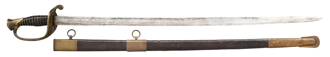 FINE CONFEDERATE BISSONNETTE OFFICER SWORD, ETCHED: BLADE PRESENTATION. 32" blade with an unstopped fuller featuring floral filigree etched panels and the partially discernable name "Lt. G. W. Do…". The last name is not fully discernable but maybe, w