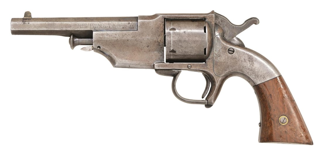 EXTREMELY SCARCE ALLEN & WHEELOCK LIP FIRE NAVY: SINGLE ACTION REVOLVER. Cal. 36. S# 131 (beneath left grip panel). Bbl. 5". One of only approximately 500 Lip Fire Navy revolvers mfg. by Allen & Wheelock during the early 1860s, prior to a copyright 