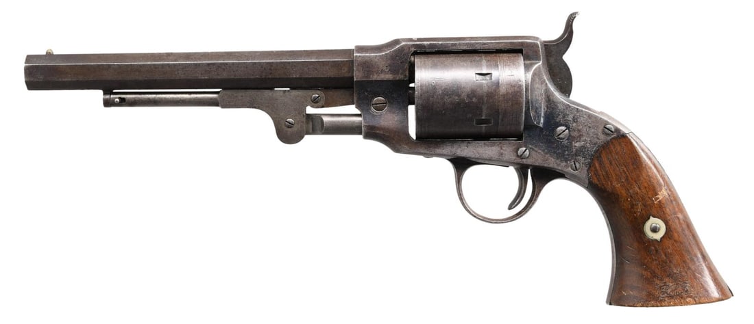 ROGERS & SPENCER CARTRIDGE CONVERSION ARMY MODEL: SA REVOLVER. Cal. 44 RF. S# 4214. Bbl. 7 1/2", octagon with cone-type sight. Six-shot round cyl. with a conversion plate at the breech end. Major parts have "B" or "P" inspector's initials. 2-Piece wa