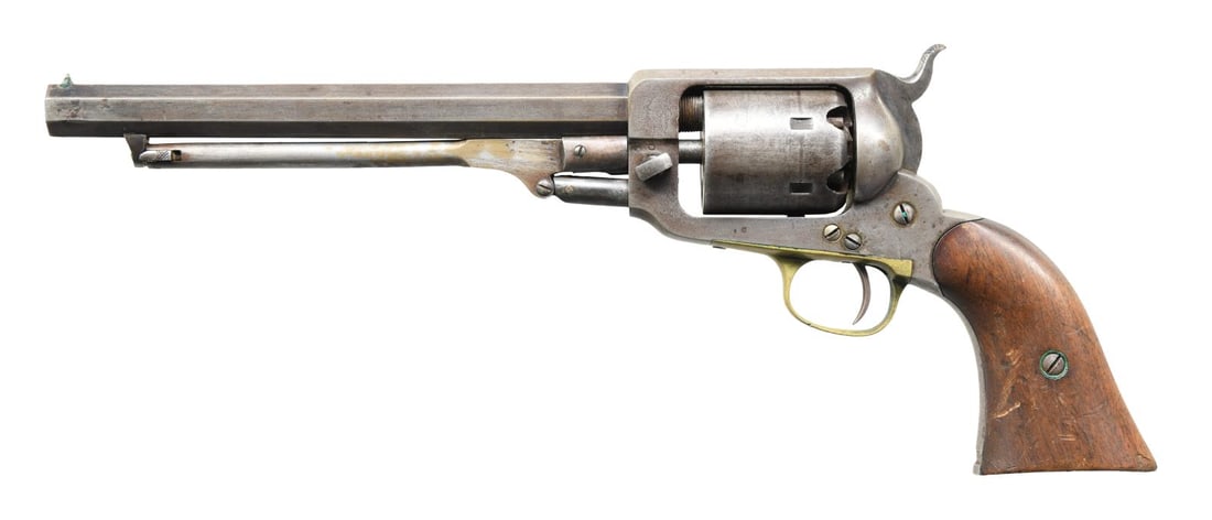 WHITNEY NAVY 2ND MODEL 4TH VARIATION SINGLE ACTION: PERCUSSION REVOLVER. Cal. 36. S# 17648 Y. Bbl. 7 5/8". 2nd Model 4th Variation Navy single action percussion revolver mfg. by Whitney during the early 1860s. The top flat of the octagonal bbl is marke