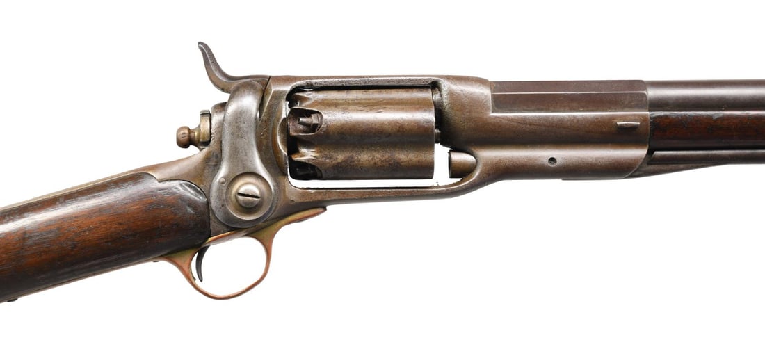 COLT MODEL 1855 REVOLVING SHOTGUN.: Cal. 60 (20ga.), S# 482. 45.5" overall, 27" octagonal to round barrel, bead front sight, marked on top flat: "COLT'S PATENT 1856" & "ADDRESS COL. COLT / HARTFORD CT USA", 5-shot fluted cylinder, walnu