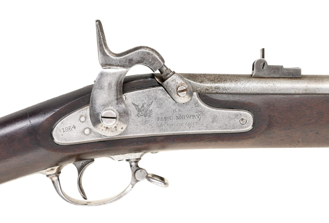 CIVIL WAR JAMES D. MOWRY MODEL 1861 PERCUSSION: RIFLE-MUSKET. Cal. 58. NSN. Approx. 22,000 from 1861–1864; lock is dated "1864". Standard configuration Model 1861 rifle-musket with "L.E.M" inspection proof, 40" barrel, and walnut musket stock. UN