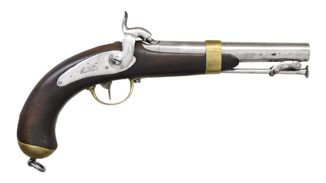 FRENCH 1837 NAVY PERCUSSION PISTOL.: Cal. 60. NSN. Bbl. 6 1/2". Lock has Chatellerault marking. Tang marked "Mle 1837". Brass grip cap, trigger guard nosecap. Grip cap has anchor marking & lanyard ring. Balance of metal has bright finish