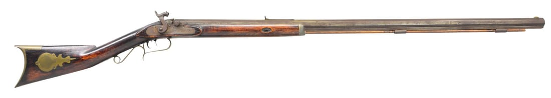 PERCUSSION HALF STOCK RIFLE.: Cal. 40. NSN. Bbl. 38" oct. Round brass blade front sight. Elevator-adjustable semi-buckhorn rear sight. Bbl. has cursive "EL" markings. Gun otherwise appears unmarked. Double-set triggers that are no