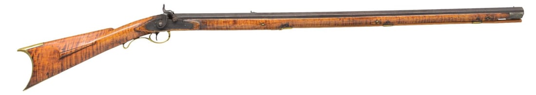 H.M. CLALLEN PERCUSSION KENTUCKY RIFLE.: Cal. 54. NSN. Bbl. 36 1/4". Percussion Kentucky rifle produced by H.M. Clallen. Lockplate and cock exhibit light engraving, with the lockplate markings being illegible. Top flat of the heavy smoothbor