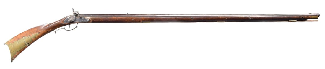 PATRIDGE FULL STOCK PERCUSSION RIFLE.: Cal. 50. NSN. Bbl. 44 1/2", part-oct., part-rnd. Round blade front sight. V-notch rear sight. Lock marked "PARTRIDGE WARRANTED". The gun otherwise appears unmarked. Lock has a poor fit; may be a repla