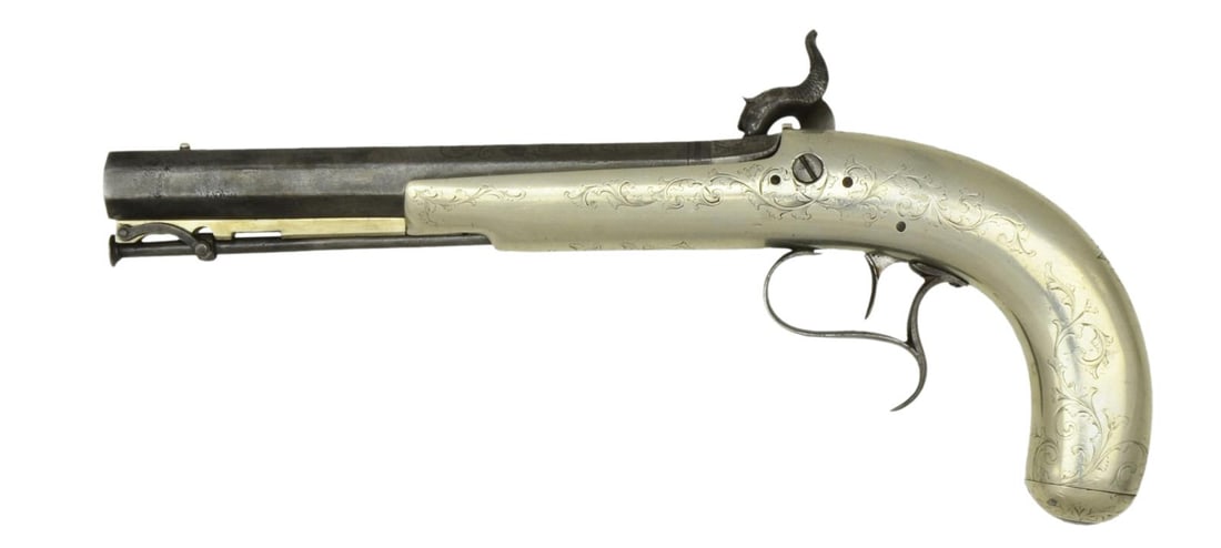 SCARCE ALL METAL ENGLISH MADE PERCUSSION HOLSTER: PISTOL. Cal. .38 caliber. NSN. Pictured and described on page 169 in "THE FUR TRADE". Author Milton Von Damm: "This German silver percussion fur trade pistol may have been part of a June 4, 1841 order