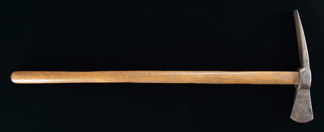 A.J. BOWEN, MORAVIA, NY MARKED SPIKE TOMAHAWK.: This Iroquois Tomahawk is pictured and described on page 207 in "The Fur Trade", author Milton von Damm details: "A spiked tomahawk that s twenty four inches long with a nine and one half inches tall 