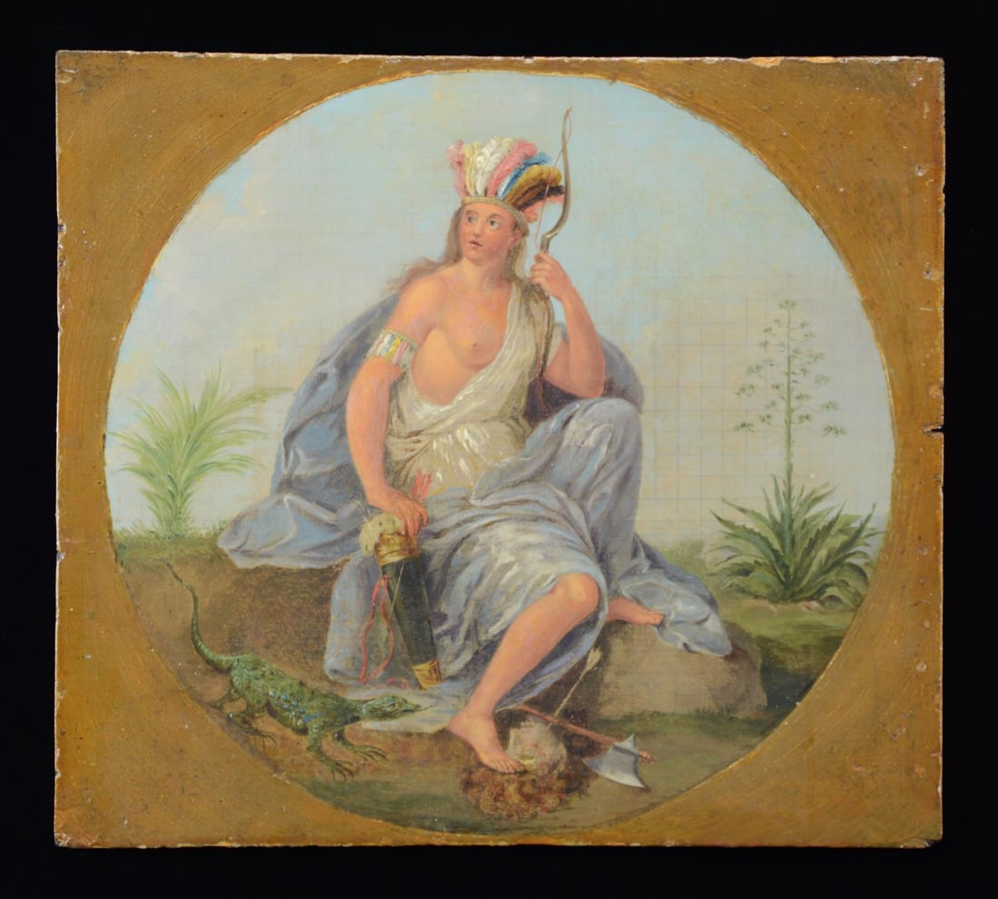 FINE EARLY FOLK ART PAINTING OF "AMERICAN INDIAN: PRINCESS" WITH PET ALLIGATOR. 11" x 11" oil painting on wood panel typical of late 18th & early 19th centuries. The princess draped in flowing robe holds her bow and quiver of arrows, ax at her feet a