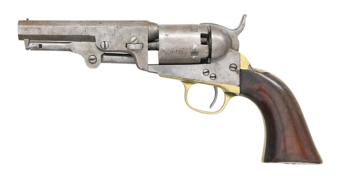 COLT 1849 POCKET MODEL REVOLVER.: Cal. 31. S# 119769. Bbl. 4", octagon with bead sight and Hartford address. The left side of bbl. has stamped identification markings that may be "J 46." Five-shot round roll-engraved cyl. Small brass 