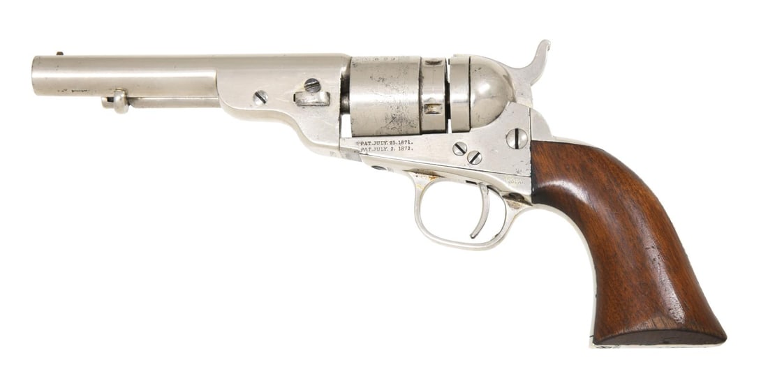 FINE COLT 1862 POCKET NAVY CARTRIDGE CONVERSION: REVOLVER. Cal. 38 RF. S# 10659. Bbl. 4 1/2" round w/ Hartford address & ejector. Five shot round rebated cyl. w/ stagecoach engraving. Nickel finish. 1 piece walnut grip. Bbl., frame, grip straps & cy