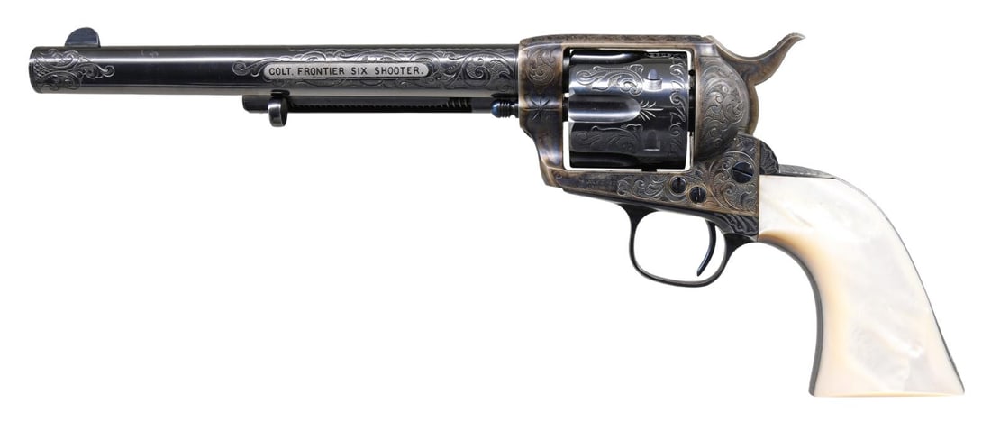 COLT FRONTIER SIX SHOOTER 1ST GEN SAA CUSTOM: UPGRADED REVOLVER. Cal. 44-40. S# 52308. Bbl. 7 1/2" w/ Hartford address & blade sight. Six shot fluted cyl. Frame, cyl., bbls. & grip straps have custom hand engraving in the Colt "C" style w/ 75% co